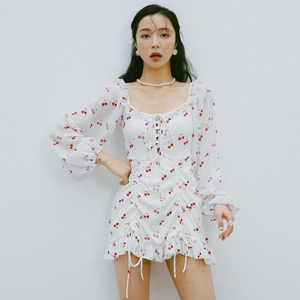 

one-piece suits print long sleeve swimsuit bandage beach wear push up padded swimwear korea style swimdress women one piece bathing sui
