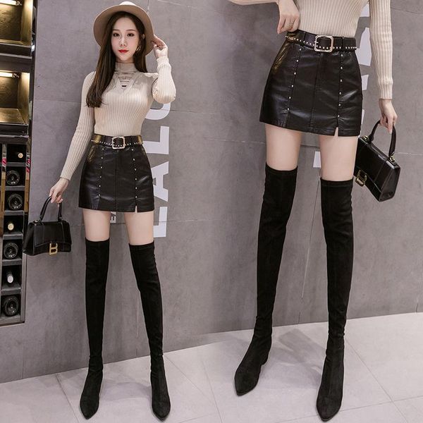 

skirts autumn & winter korean high waist thin leather pants casual simple black women a-line short skirt