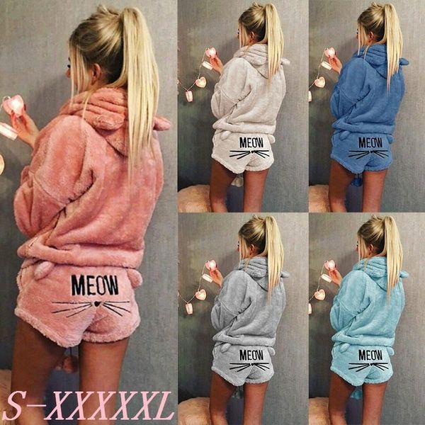 

letter print hoodies fleece fuzzy hooded sweatshirt with ears sleepwear suit women warm cat print jumpsuit pajama sets, Black