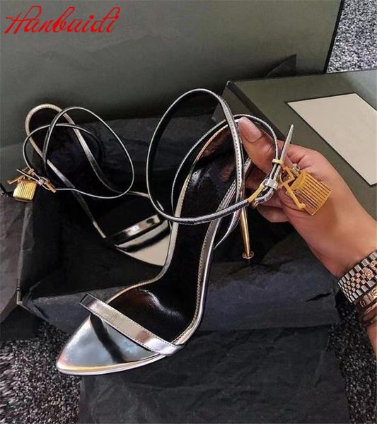 

sandals metal lock fringe high heel party pointy toe ankle strap women shoes real leather bride wedding bota mujer, Black