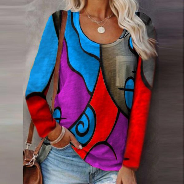 

women's blouses & shirts women blouse 2021 autumn fashion ladies long sleeved o-neck pockets patchword printed loose shirt female casua, White