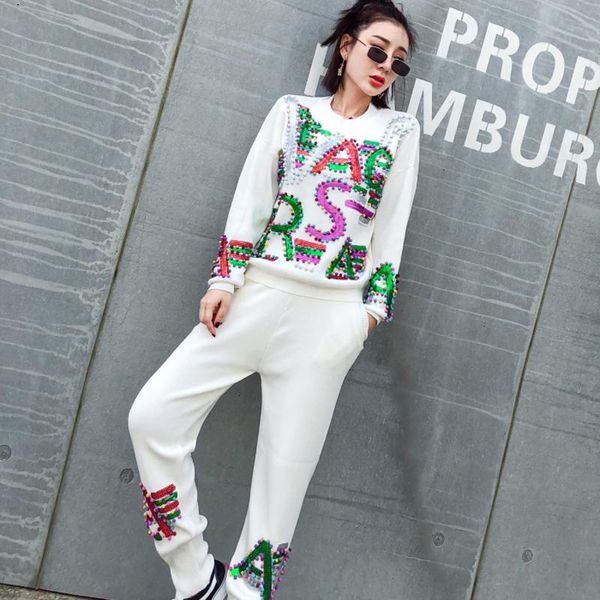 

women's two piece pants long sleeve tracksuits for women outfits knitted 2 pieces sets matching white letter sweaters wide autumn wint