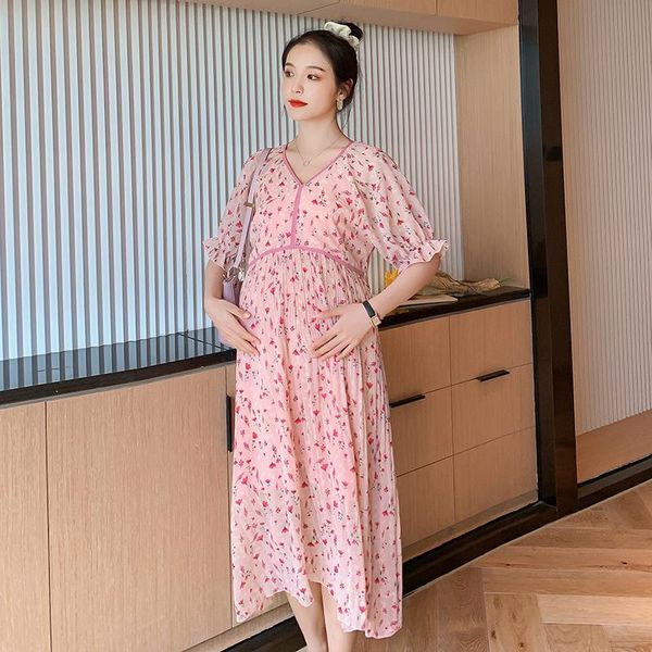 

maternity dresses fashion v-neck floral chiffon dress long loose pleated summer pregnant women pus size puff sleeve, White