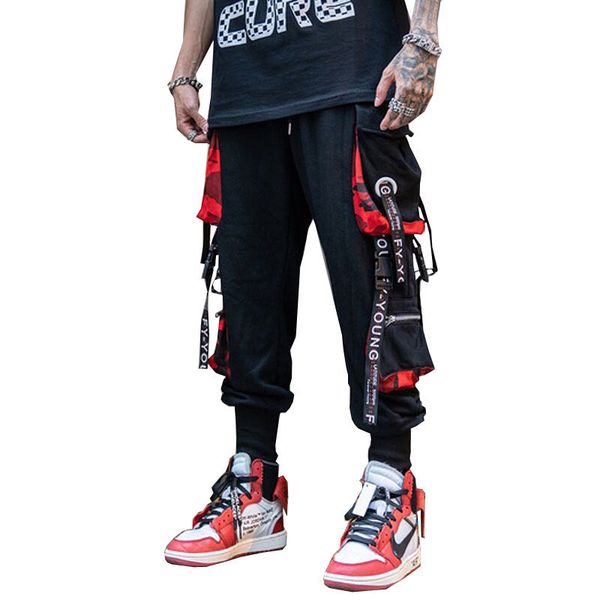 

letter ribbons casual hip hop joggers cargo pants for men block pocket black track pants male trousers sweatpants streetwear, Gray