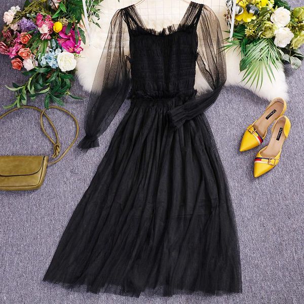 

casual dresses 2021 fairy dress mesh waist slimming temperament long spring and autumn, Black;gray