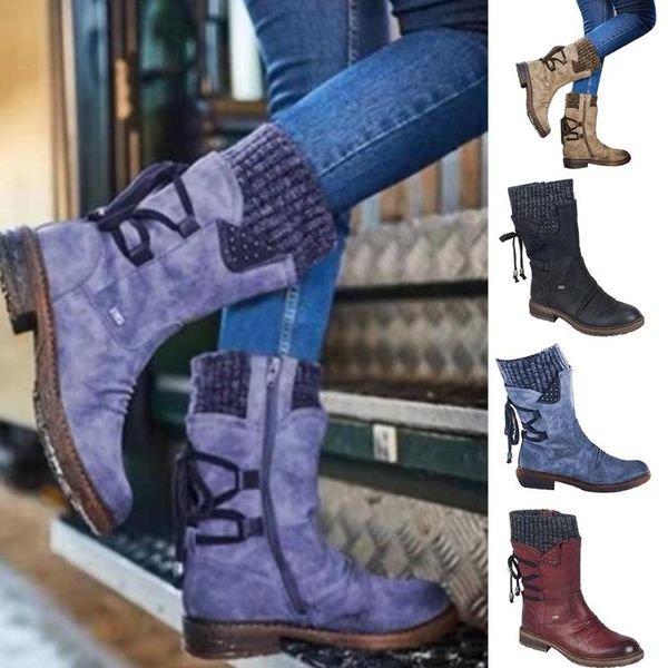 

boots mid-calf snow women winter warm botas female thigh mujer plus size, Black