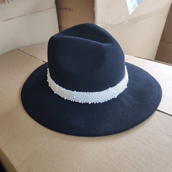 

2021 new classical pearl wool crushable wide brim black fedora women winter panama jazz hat derby wedding church hats nihu, Blue;gray