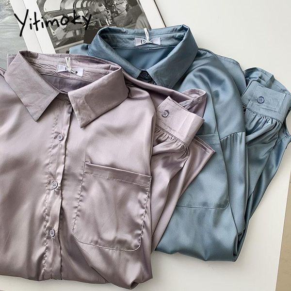 

women's blouses & shirts yitimoky women solid spring summer korean fashion pockets long sleeve turn-down collar casual vintage blouse, White