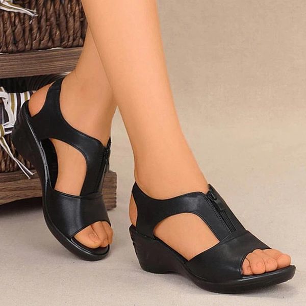 

sandals women summer mature wedges mid heel peep toe zipper hollow out fashion casual dress shoes ladies comfort pu whosale 2021, Black