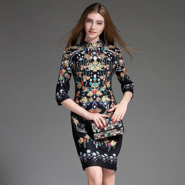 

party dresses autumn diamond pattern printed hollow cut split dress female stand collar cartoon was thin slim hip wq2336, White;black
