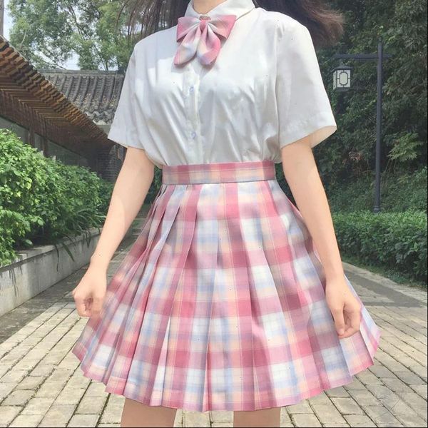 

women pink white gothic pleated plaid skirt korean high waist mini skirts school glir harajuku cosplay anime suit, Black