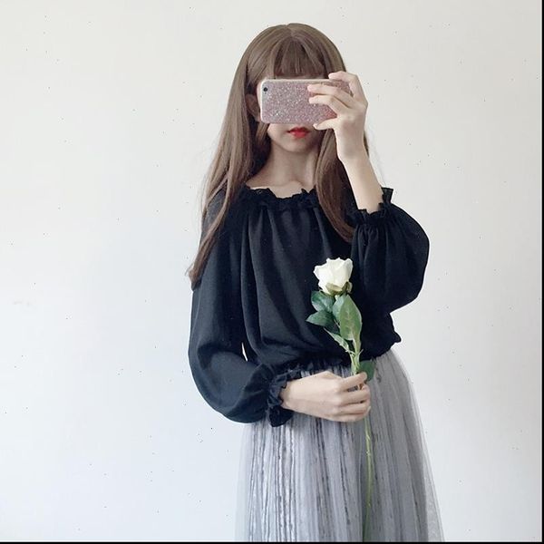 

women shirt japanese loose wild sweet lace lantern sleeves spring ladies lolita blouse harajuku long sleeve chiffon, White