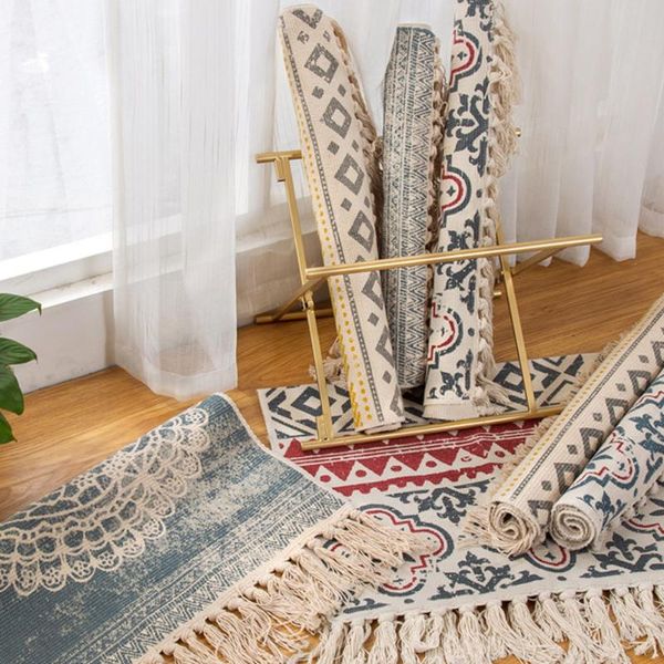 

carpets retro bohemian hand woven cotton linen carpet tassel bedside rug geometric floor mat living room bedroom decoration