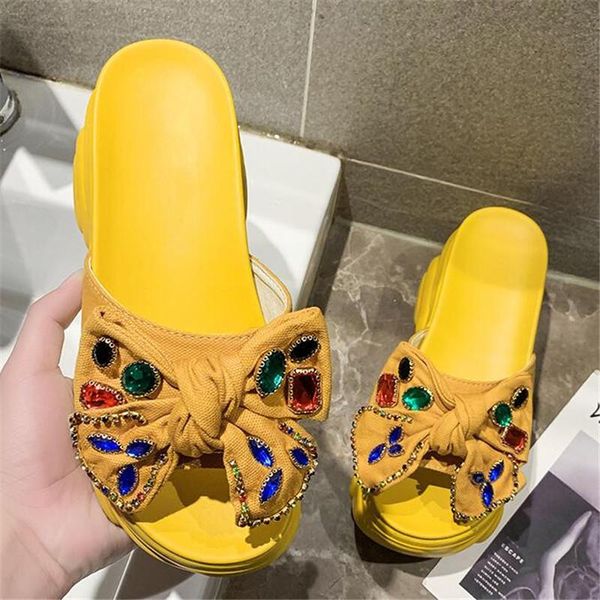 

slippers 9cm/3.5 inch height women's platform wedge slides fashion rhinestones butterfly-knot woman sandals summer chunky beach, Black
