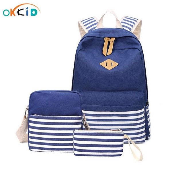 

backpack okkid canvas school pen pencil bag set blue stripe bags for girls book kids shoulder children back pack