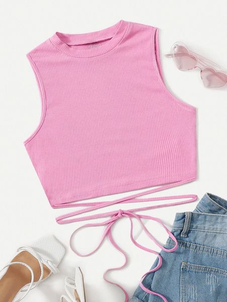 

crisscross tie back crop tank 91pz#, White