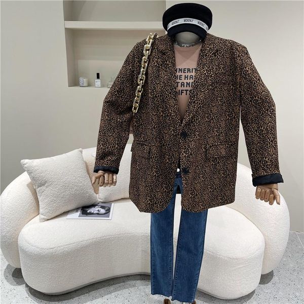 

women's spring 2021 fashion temperament professional style coat new retro leopard design niche long sleeve suit, White;black