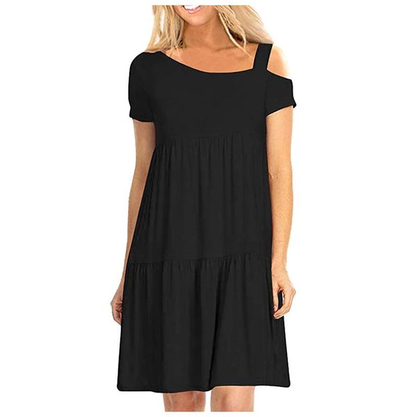 

casual dresses plus size party for women 2021 women's irregular slant neckline pleated short sleeve dress cake vestidos mujer, Black;gray