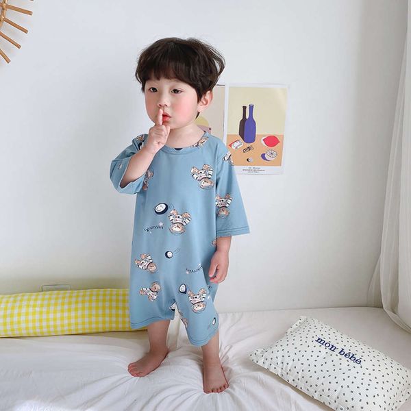 

children's one-piece pajamas summer sleeve men's cotton household air conditioning women's baby belly climbing clothes, Blue;red