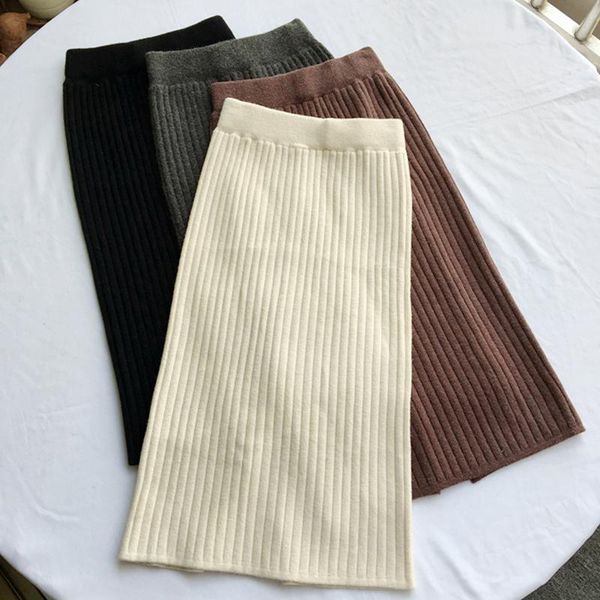 

skirts spring autumn women knitting skirt 2021 womens knit retro elasticated waist high split midi knitted female, Black