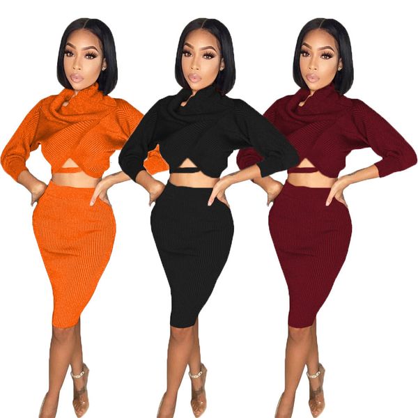 

new solid color flat sholder hollow and knee-length skirt two piece set spring summer 2021 women fashion suit uo31, Black;gray