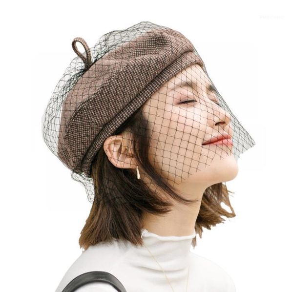 

berets japanese style lady elegant face-hiding pumpkin lace beret winter korean vintage plaid painter hat, Blue;gray