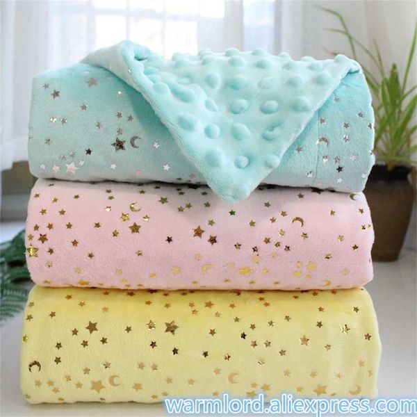 

2 layers plushed dot coral fleece bronzing golden stars moon blue starry toddler quilt girl infant crib beddings 220209