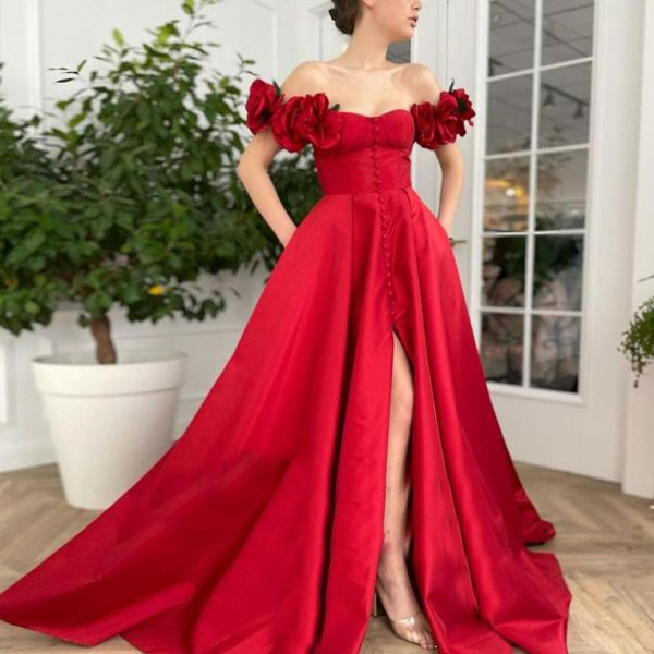 

party dresses red elegant evening long 2021 buttons a-line bridal gown off shoulder satin arabic wedding celebrity dress with poackets, White;black