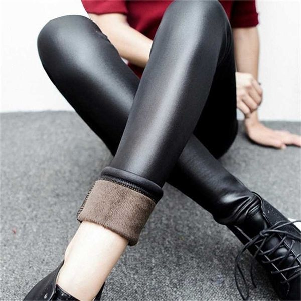 Женщины леггинсы сексуальные черные толстые теплые леггинты искусные кожаные брюки женские растягивающие термические брюки эластичный талию карандаш 211204
