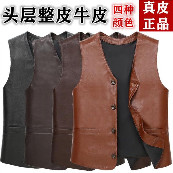 

men's vests 2021 first layer cowhide v-neck autumn and winter leather vest solid color fashion suit, Black;white