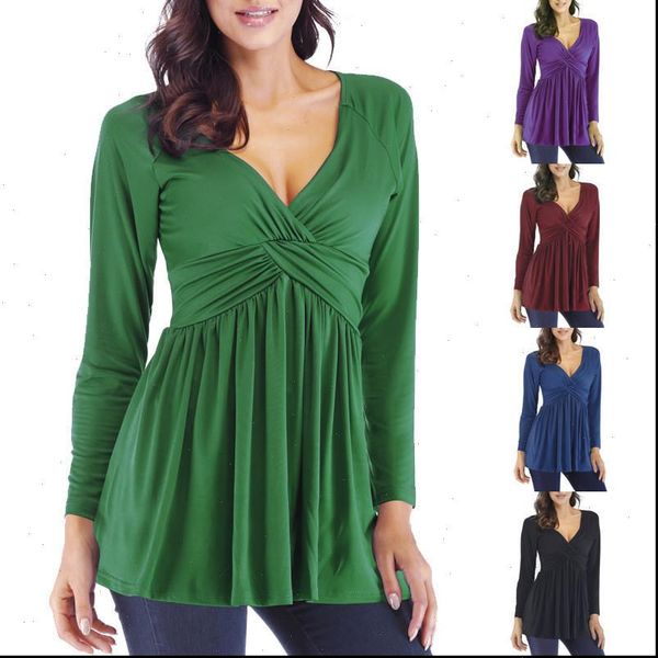 

spring v neck pleat long sleeve womens peplum blouse casual solid plus size women clothing vetement femme ey, White