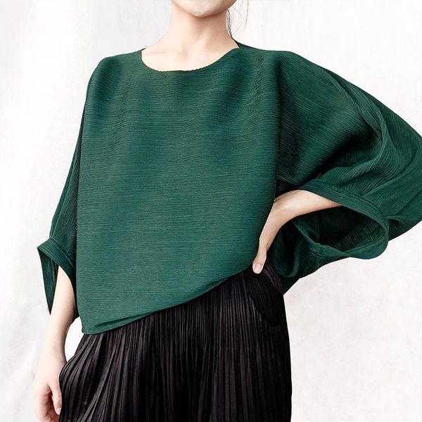 

women's t-shirt round neck loose lantern sleeve summer pullover for women solid color plus size casual miyak pleated female clothes, White