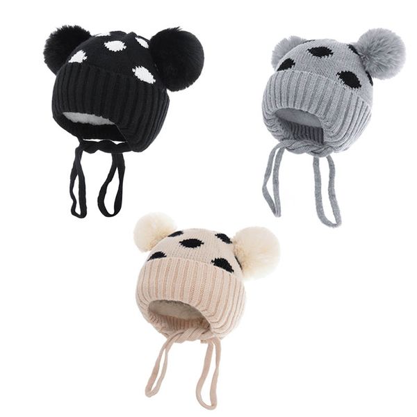 

baby hats newborn caps toddler earmuffs hat dots girls boys infant cap autumn winter warm wool knitted accessories velvet 0-1t b8717, Yellow