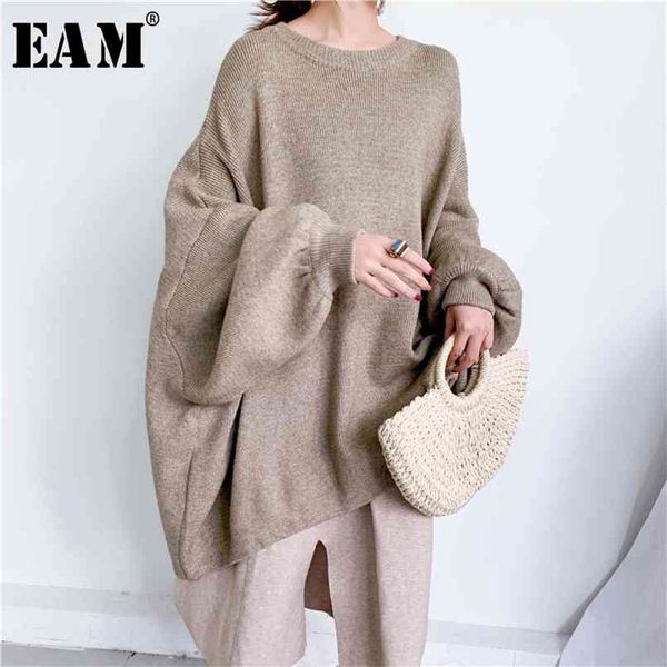 

[eam] oversized gray knitting sweater loose fit round neck long sleeve women pullovers fashion autumn winter 1y190 210914, White;black