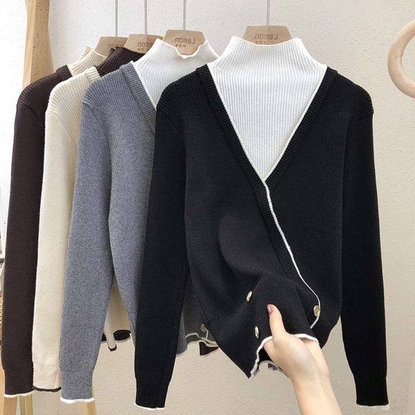 

2021sweater women's thickened half high collar and fake two-piece design, White;black