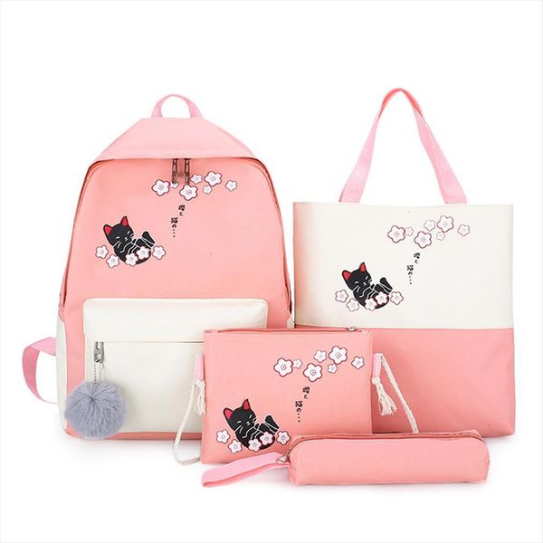 

4pcs set women cute cat shoulder bags backpacks preppy style canvas travel school rucksack teenager girls mochila students