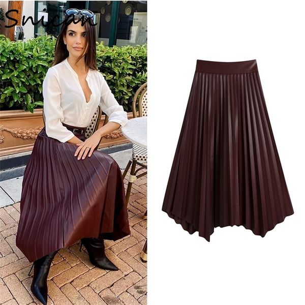 

snican solid autumn winter faux leather pleated skirt za women faldas mujer femme asymmetric vintage long skirt female 210315, Black