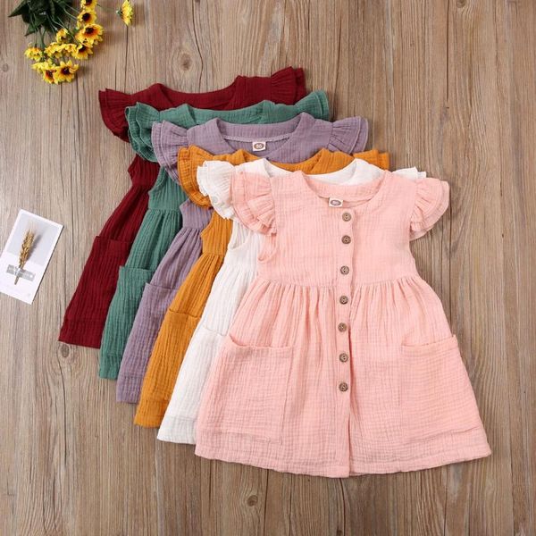 

girl's dresses 1-5y summer girls casual toddler kid baby ruffle sleeveless cotton linen button pocket dress party sundress clothes, Red;yellow