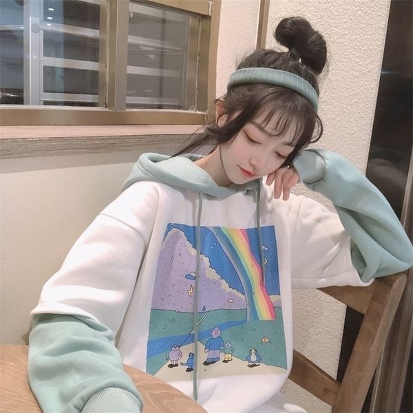 Oversized Hoodies Mulheres Impresso Patchwork Hoody Modelo Simples Solto Solto Estilo Coreano Drawing Womens Streetwear Hoodie 201112