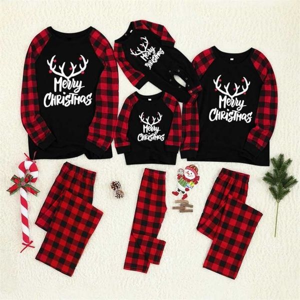 

family christmas matching pajamas set xmas adults kids baby pyjamas elk deer outfits sleepwear 211106, Black;red