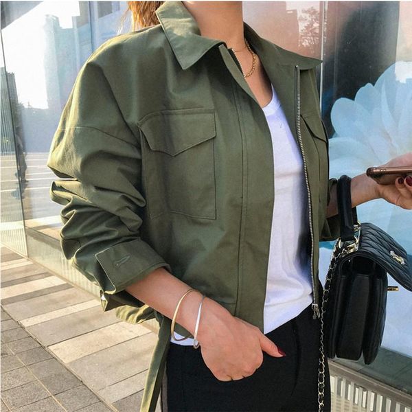 

new 2021 summer autumn women's jacket casual pockets fashionable cargo lace up zipper outerwear short femme, Black;brown