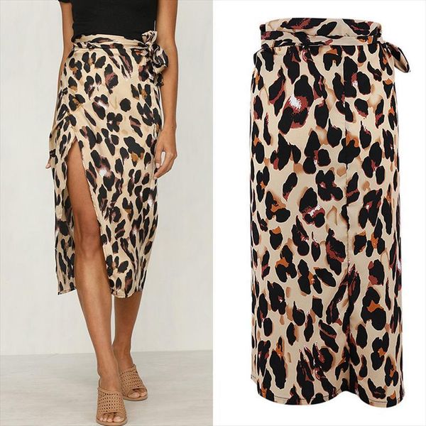 

fashion leopard slim wrap womens skirt asymmetric bandage lace up side split gypsy drape bodycon midi skirts bottom, Black