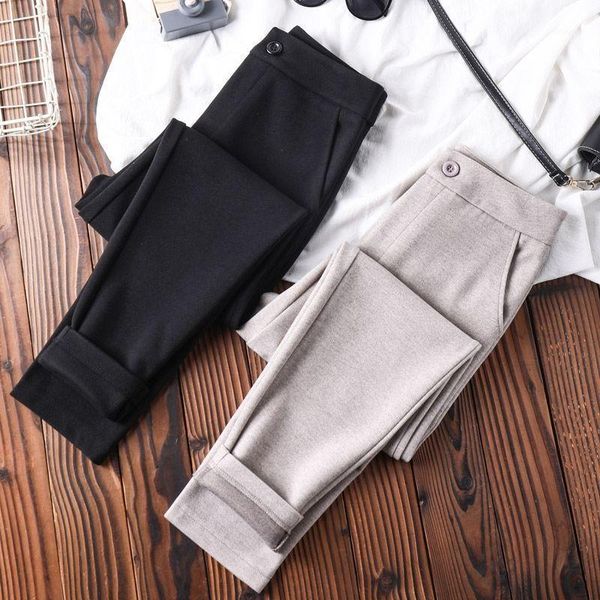 

women autumn winter woolen straight pants lady loose high waist harem trousers female button solid elegant casual h52 women's & capris, Black;white
