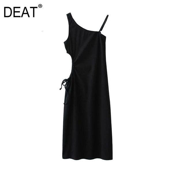 

[deat] new summer 2021 fashion waist high knee length sleeveless black knit personality sling cord dressed 4wck, Black;gray