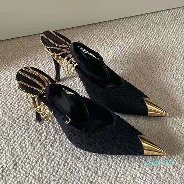 Дизайнерские моды женские на высоком каблуке одеваются древесины сексуальные заостренные носки металлическая цепь на задней части обуви шоу роскошный и аристократический характер