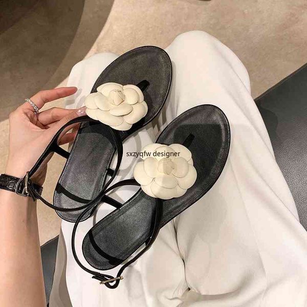 

new classic white flower buckle strap low heels flip flop slip on sandals black leather women casual summer shoes