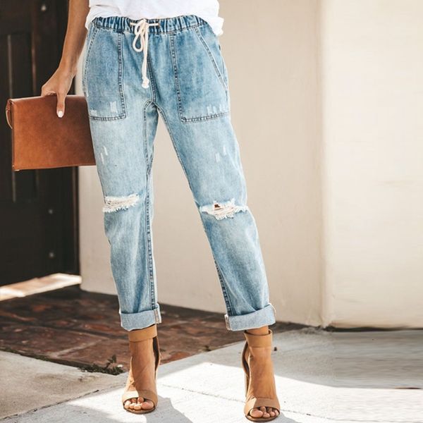 

2021 new harem vintage mid waist women boyfriend ripped summer casual mom cowboy denim pants ladies jeans mcdh, Blue
