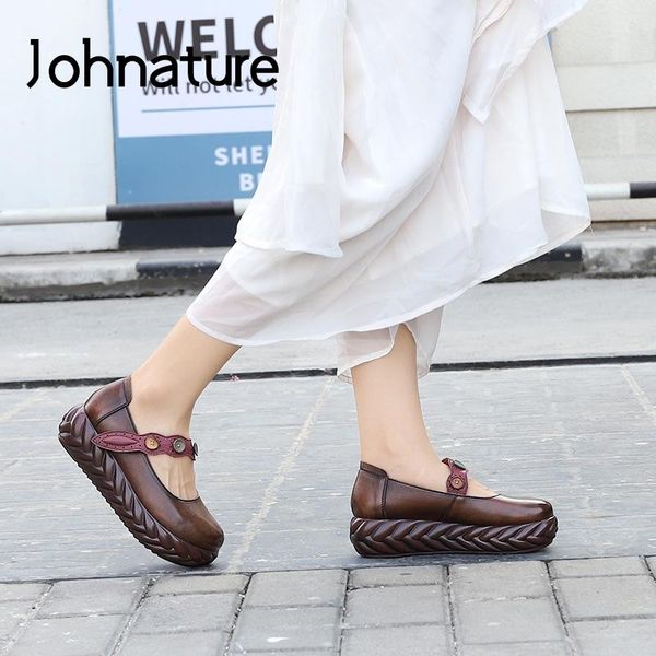 

dress shoes johnature platform heels 2021 spring pumps women hook & loop genuine leather retro round toe casual ladies, Black