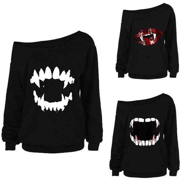 

autumn new women's halloween print long sleeve autumn diagonal t-shirt, White