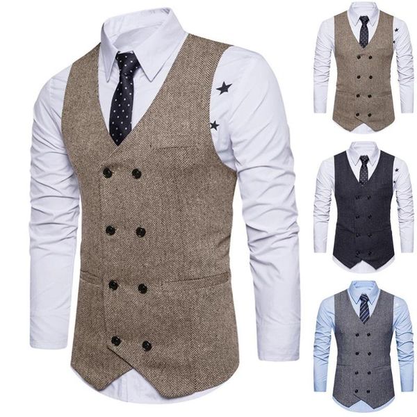

men's vests solid color vest men herringbone twill double-breasted slim waistcoat wedding dress suit chaleco hombre weste herren, Black;white